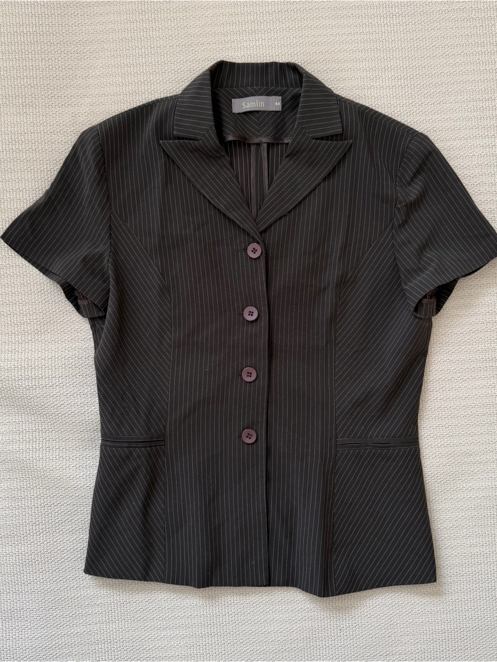 Tailored Classic Chocolate Brown Short-Sleeve Pinstripe Blazer Button Up Top